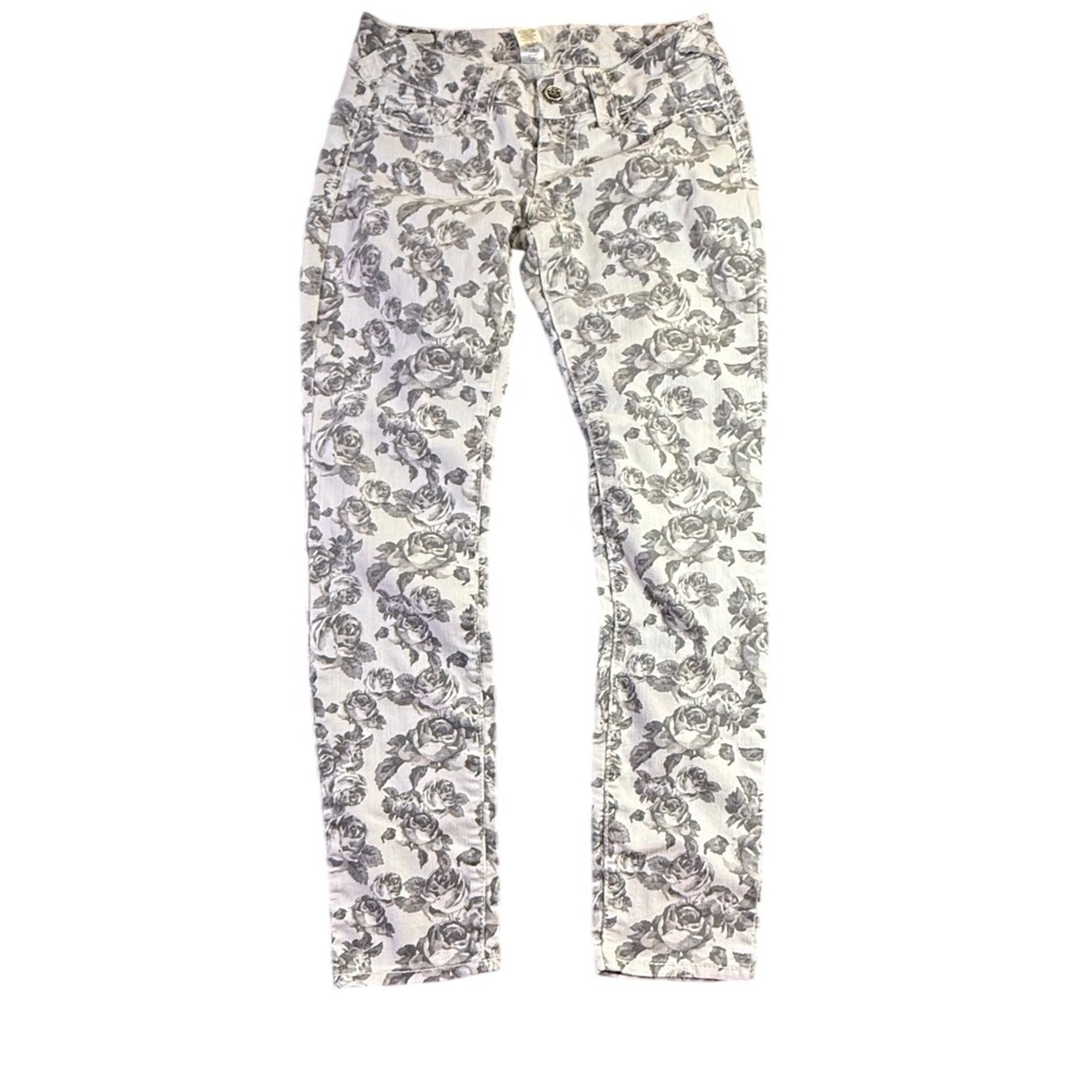 Maurices Floral Print Skinny Jeans Gray White Denim Pants Size M